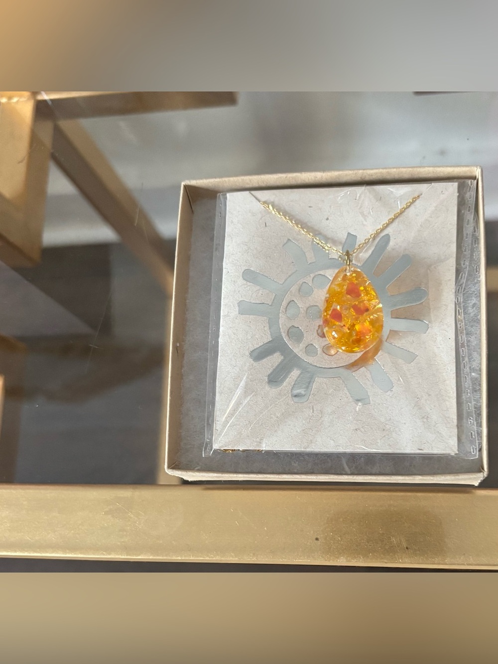 Gold Teardrop Pendant Necklace with Orange Resin Inlay